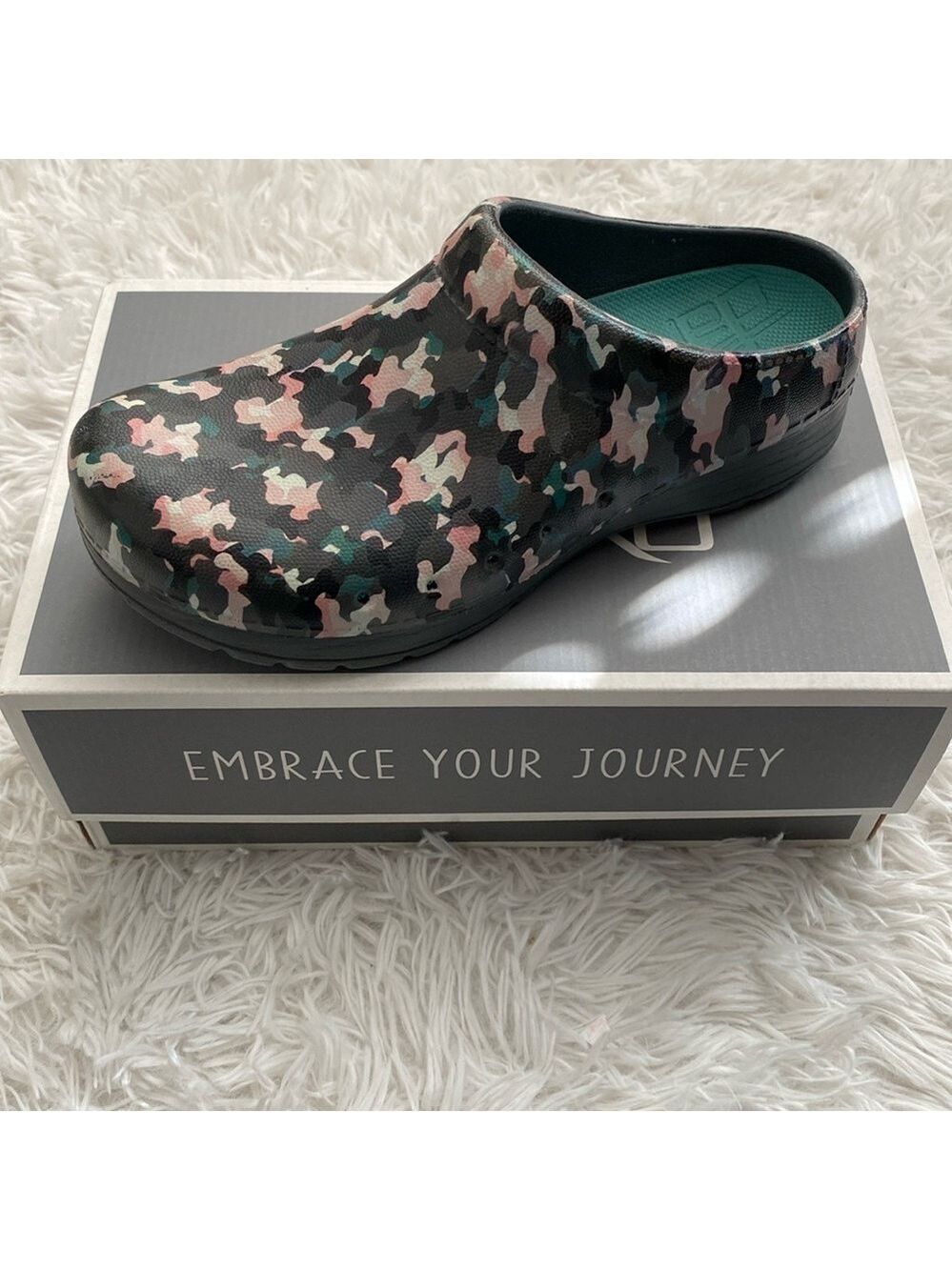 Dansko gray and pink camo foam clogs